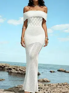 Fashion Elegant One Shoulder Knit Dress, Beach Vacation Hollow Out Texture Cover Up Dress, Slim-Fitting Plain Style