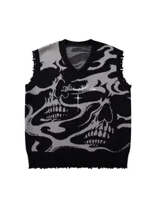 Men's Skull Cross Stitch Embroidery Graphic Knit Vest, Fashionable Round Neck Pullover, Casual Fall Winter Wear, Trendy Street Style, Versatile Outerwear