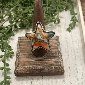 Handcrafted Orange Dream And Sterling Silver Star Adjustable Ring