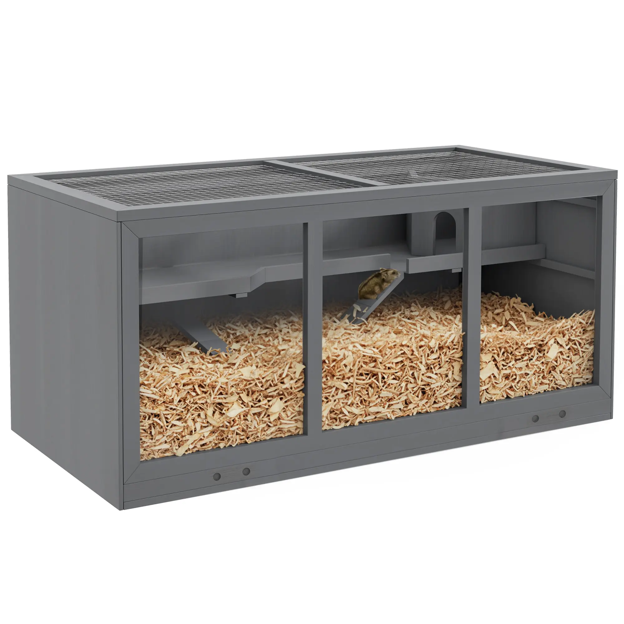 Extra Large Wooden Hamster Cage – 1000+ Sq In, 3 Tiers, 2 Ramps & Tunnel. Hinged Roof with 11.8" Chain. Durable Wood & Wire Net. 45.25" L x 22.5" W x 21.75" H. Gray