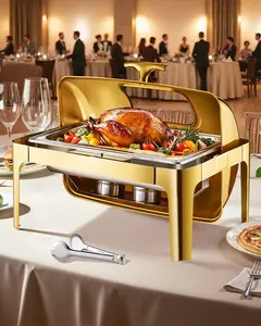 9 Qt Rectangle Roll-Top Chafing Dish Set With Full-Size Pan In Stainless Steel Gold Finish, Buffet Server For Catering, Durable Stainless Steel Construction, Roll-Top Lid, Easy Cleanup, Ideal For Banquets And Events