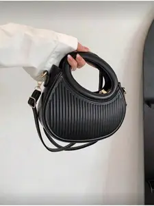 Fashion Classic Minimalist Design Gentle Women's Commuter Asymmetric Crossbody Bag Striped Embossed Handbag Stylish Round Crossbody Bag Double Handle Novel Wallet Winter Gift, Hand Shoulder Bag