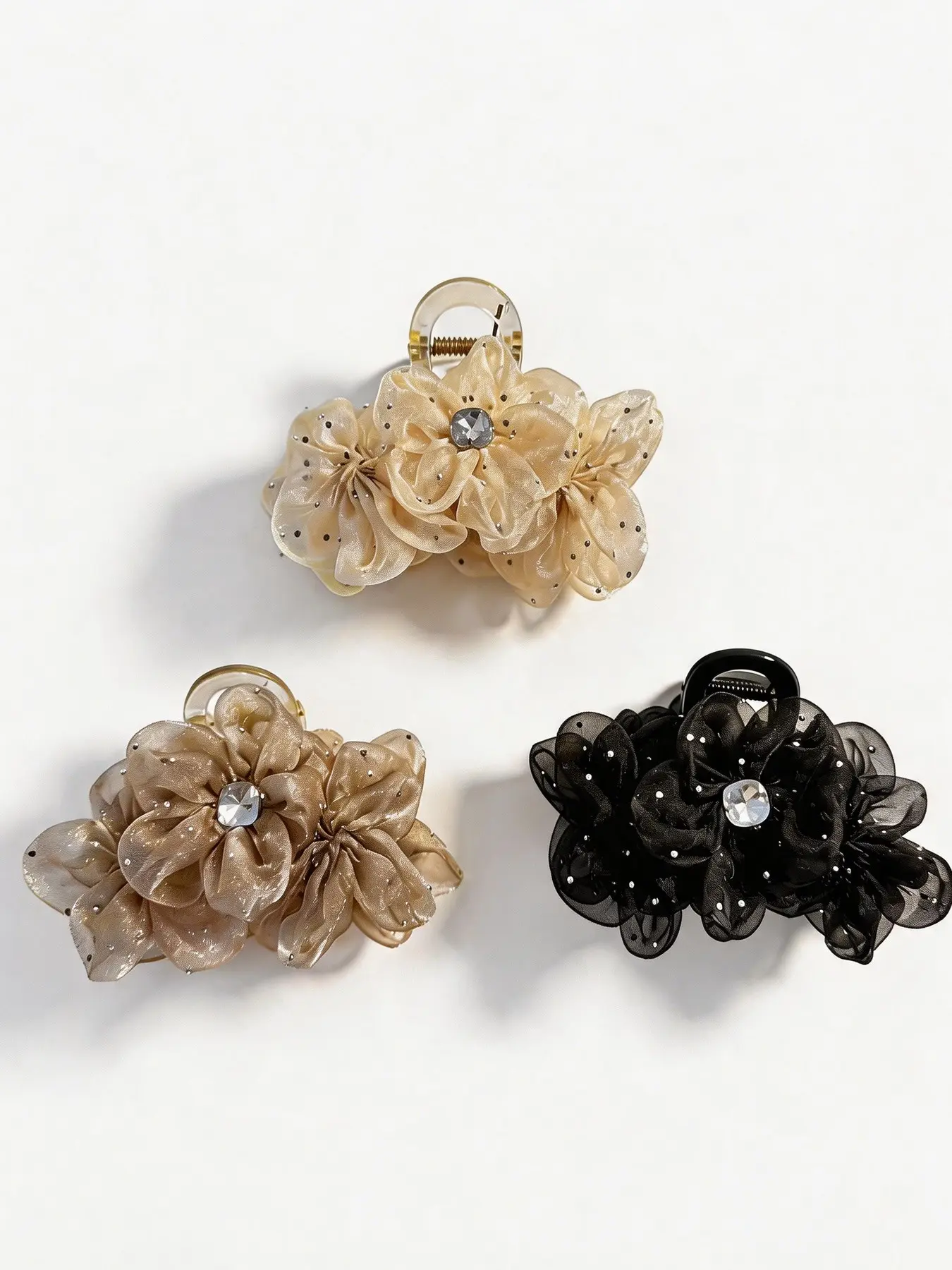 3pcs Mesh Rhinestone Flower Hair Clips for Women Elegant Daily Commute Date Night Hairstyles Soft and Chic Design claw clip Floral Hair Clips Fashionable Hair Accessories Hair Claws Set