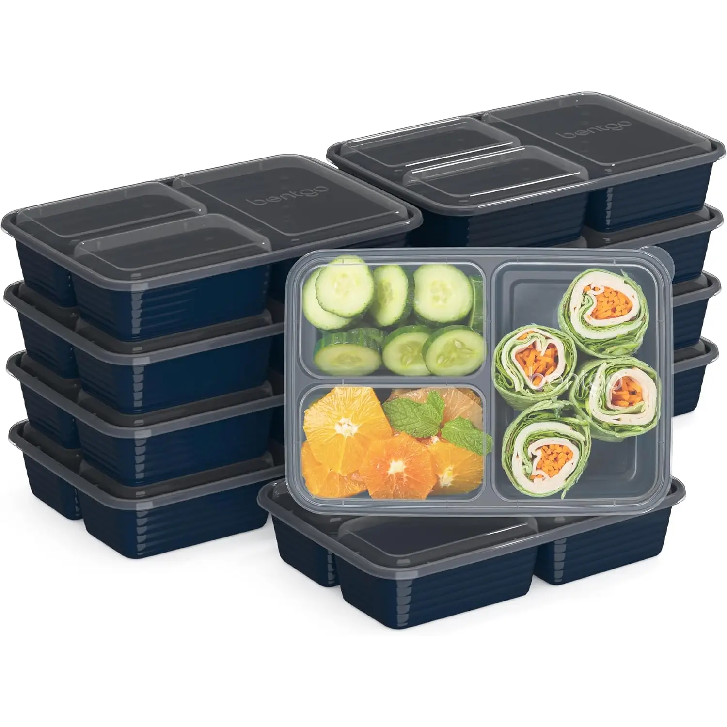 Bentgo 20-Piece Lightweight, Durable, Reusable Bpa-Free 3-Compartment Containers - Microwave, Freezer, Dishwasher Safe - Navy Blue Bentgo
