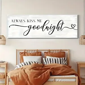 1 Piece "Kiss Me Goodnight Forever" Canvas Print - Elegant Love Quote Wall Art, Romantic Design, Master Bedroom Decor Frameless Design, Soft Pastel Background with Heart Accents, Bedroom Wall Decor