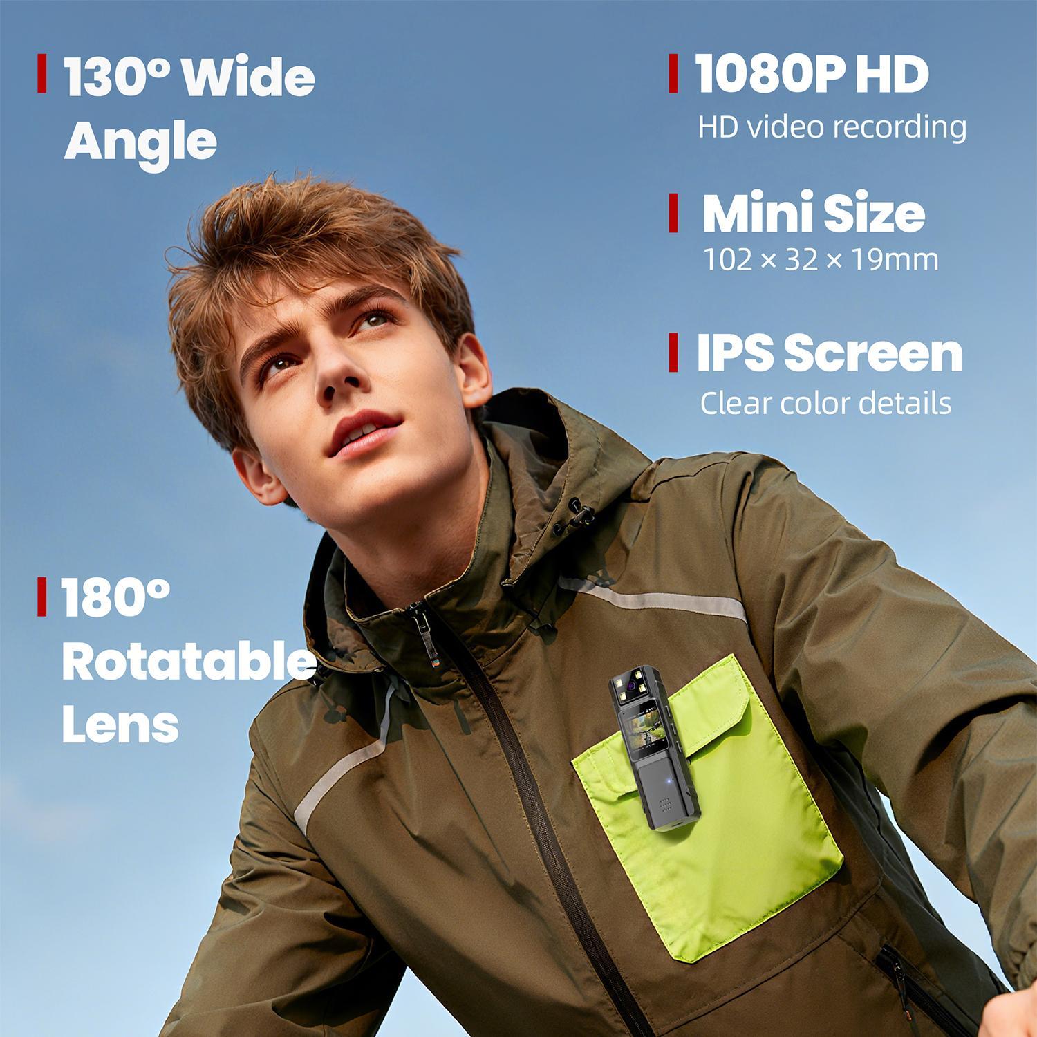 1080P HD Body Camera with 180° Rotating Lens - PortableClip-On Recorder, Night Vision, 130° Wide Angle, USBRechargeable for Security, Workplace Evidence, OutdoorAdventure & Content Creation