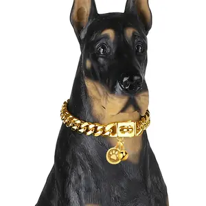 Cuban Link Dog Collar Gold Chain Dog Collar 12mm with Secure Snap Buckle 18K Gold Dog Chain Collars Metal Stainless Steel with Dog tag & Bell for Puppy Small Medium Large Dogs