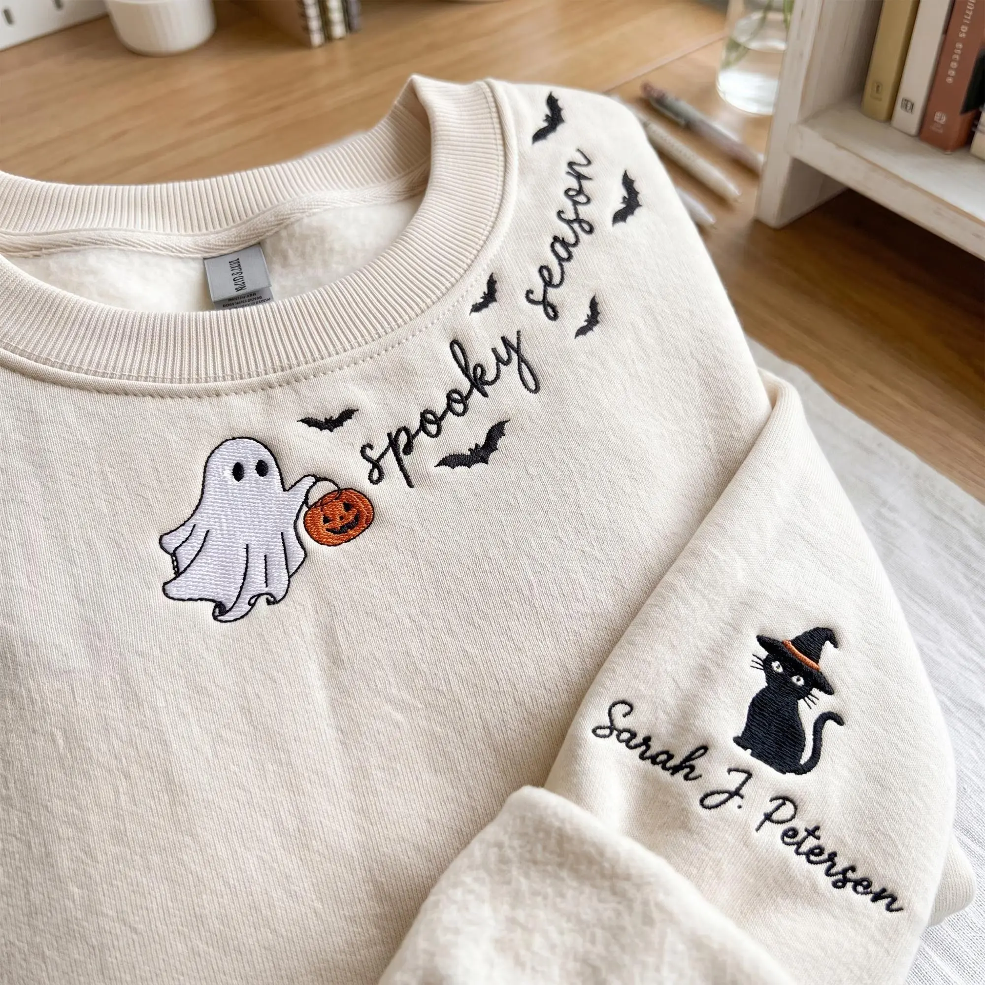 (Leave A Note) Custom Halloween Embroidered Sweatshirt, Personalized Name Pullover, Spooky Ghost Cat Crewneck, Cute Witchy Fall Top, Cozy Halloween Gift