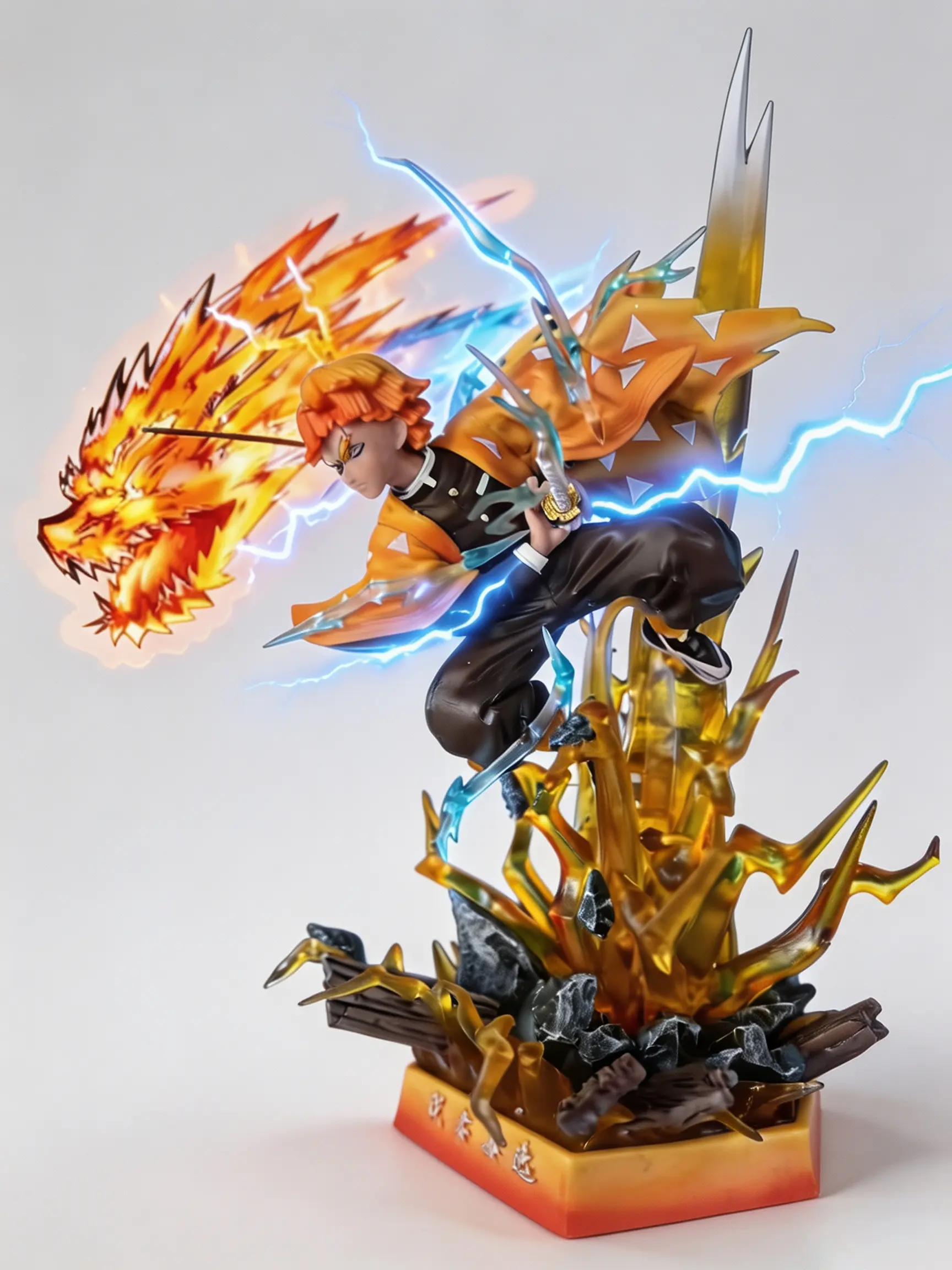 “LGOLL” DS KNY Demon Slayer Zenitsu Agatsuma GK PVC Statues | Thunder Breathing Figure with LED Lightning Effects, Cracked Rock Diorama Base, Interchangeable Faces | Anime Collectible Desktop Decor Gift for Manga Fans