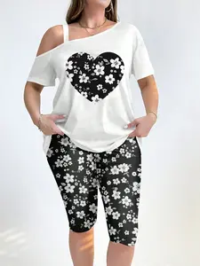 Plus Size Women’s Two-Piece Set Black & White Heart Floral Print Asymmetric One-Shoulder Short Sleeve Top + High Waist Knee-Length Cycling Pants Casual Comfortable Loungewear Set