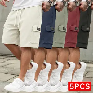 Pack of 5 men’s waffle cargo shorts, textured breathable fabric, multi-pocket cargo design, drawstring elastic waistband, suitable for summer everyday commuting and casual streetwear wear.