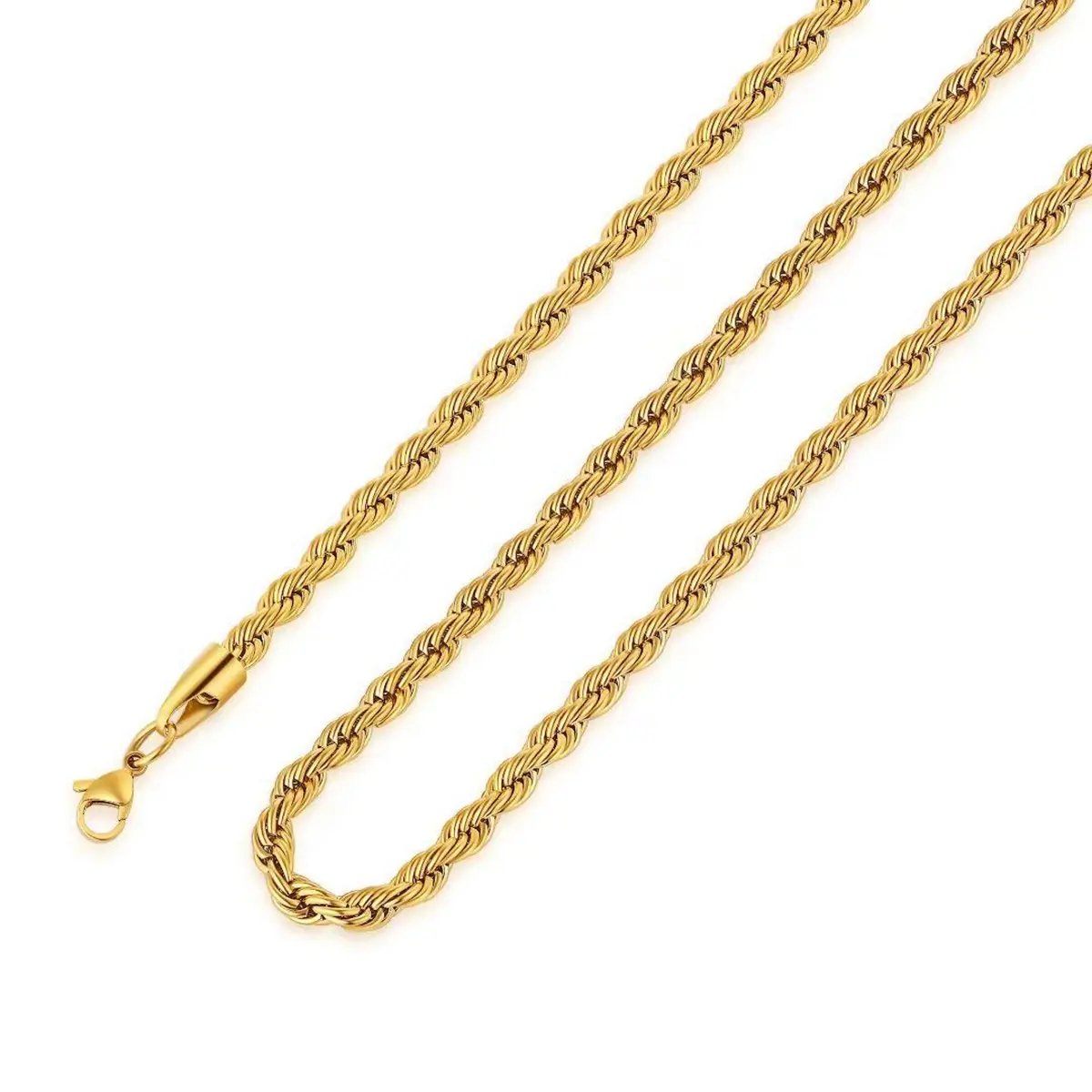 Women's men's 18k gold plated necklace, 3mm lobster clasp cut braided rope necklace, 18/20/22/24 inch twist chain