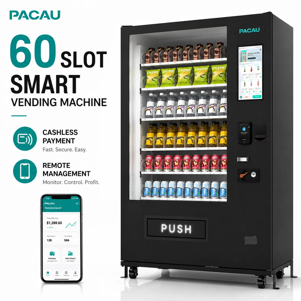 60 Slot Smart Vending Machine with Cashless Payment, Credit Card, Coin & Bill Acceptor, Remote App Management, AI Smart Inventory, Commercial Snack Drink Vending Machine for Business, Office, Gym, Hotel