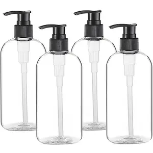 Empty Plastic Pump Bottles Dispenser 4 Pack 16oz/500ml Portable Clear BPA-Free Cylinder Shampoo Lotion Hand Pump Bottle Durable Refillable Containers.