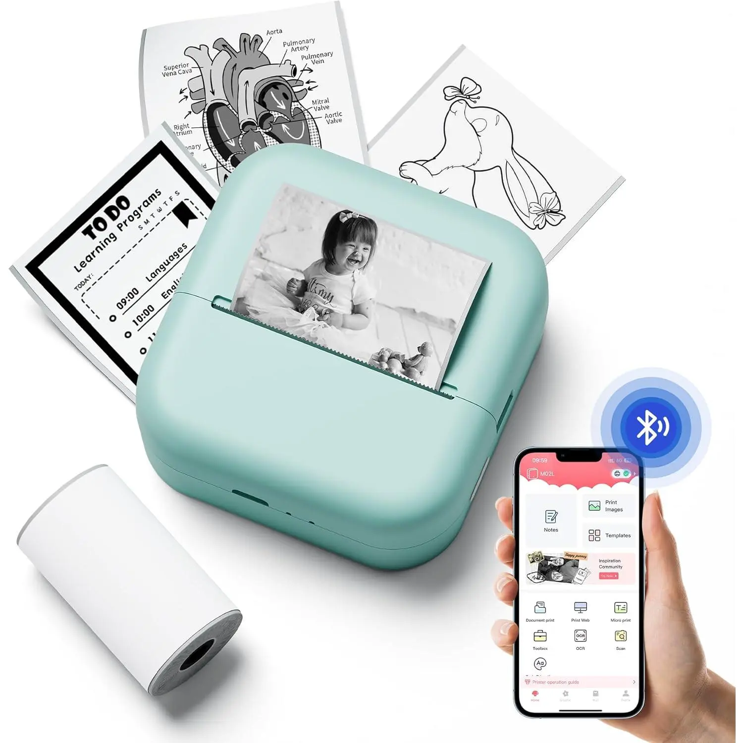 Sticker Printer - Mini Sticker Printer with Stickers, Inkless Sticker Printer Compatible with Phone & Tablet, Mini Pocket Printer for School Notes, Scrapbook, Print Pictures, Anatomical Diagram