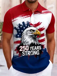 Men's Short Sleeve Polo Shirt Blue Patchwork, Eagle Star Flag Design, Usa 250 Years Strong Memorial Top, Casual Fitted Short