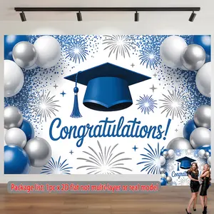 A Flat 2D Banner Featuring a Graduation Cap Along with Balloons And Fireworks, Celebrating The Occasion! It Has a Landscape Backdrop, Made of Fabric, Suitable for Traditional Decor, Classroom And Office Settings