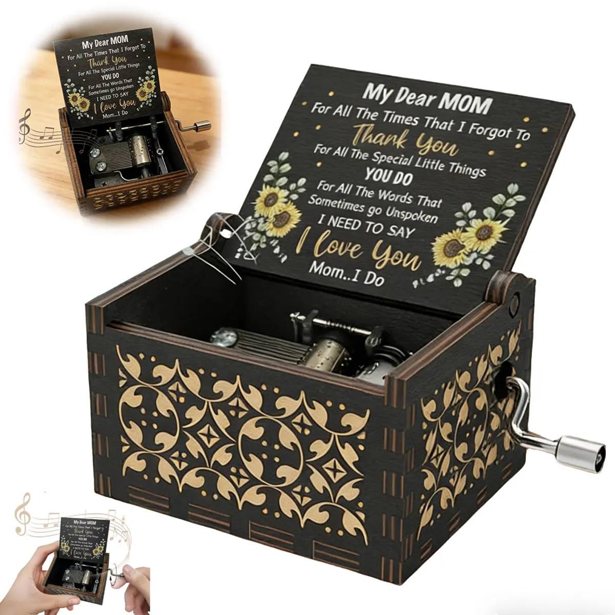 Wooden Music Box, Hand Cranked Laser Engraved Small Musical Boxes for Mom, Play You are My Sunshine Melody ,Home Decor,Mother's Day/Birthday/Christmas Gift