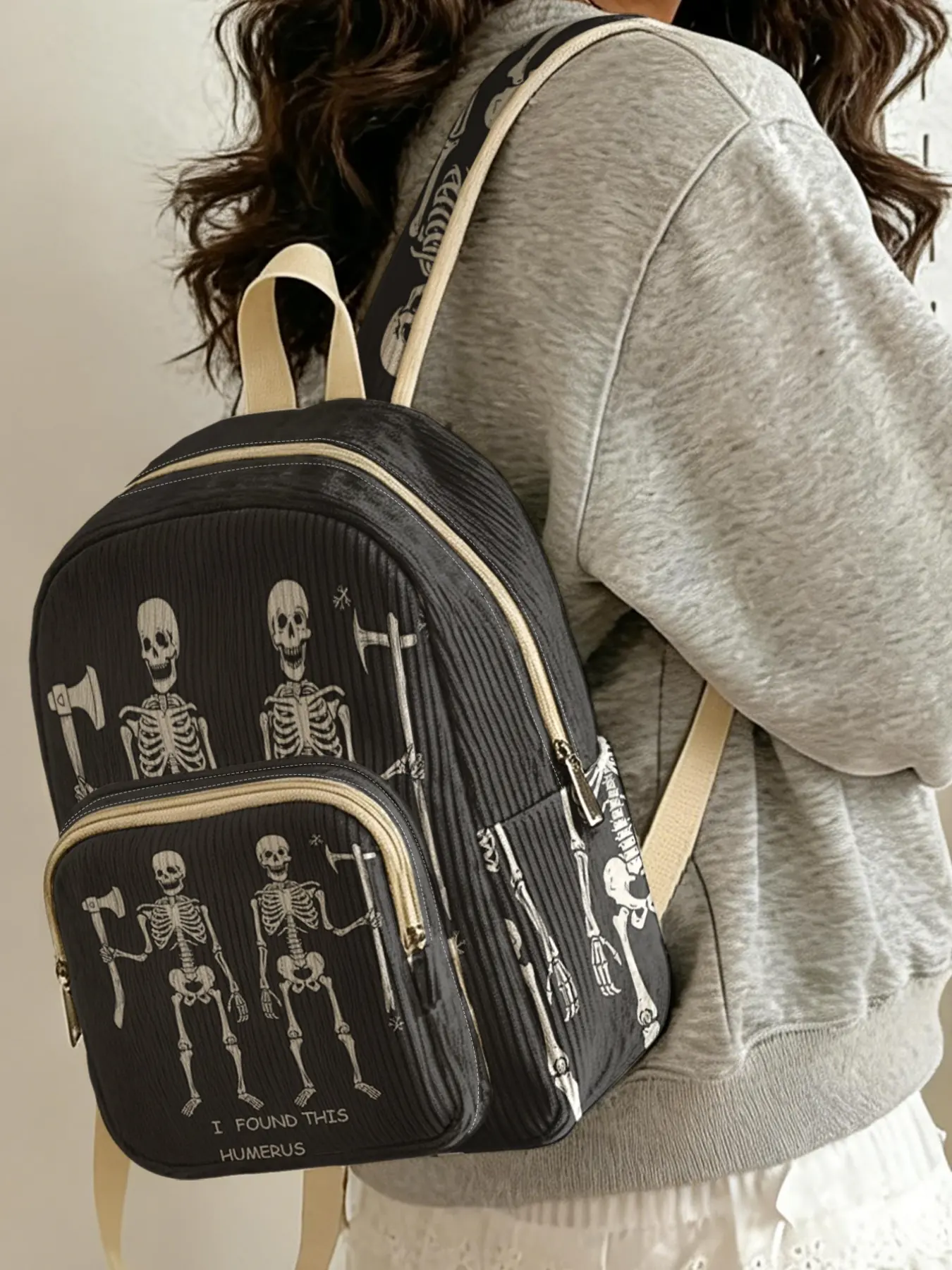skull pattern, 'IFOUNDTHIS' 2D printed, Casual printed lady's backpack, corduroy texture, layered storage, lightweight and easy to carry, perfect for students to go to class/shopping/short trips, Casual Printed Backpack