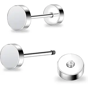 Women Earrings Flat Back Dot Earrings Titanium Hypoallergenic Cartilage Non-Nickel Earrings Studs for Sensitive Ears Simple Classic 3mm/4mm/5mm/6mm Screw On Stud Earring