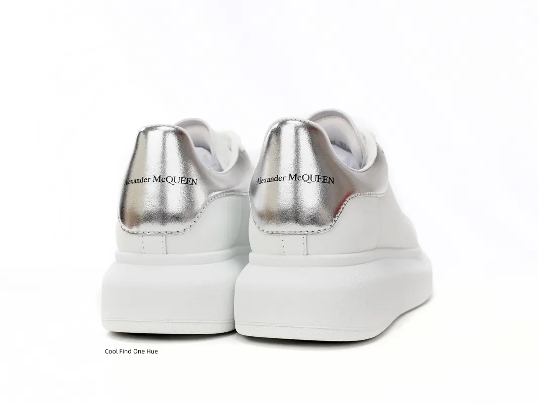 Unisex Full‑White Shiny Metallic‑Silver Heel Low‑Top Platform Sneakers, Lace‑Up Chunky Thick‑Sole Casual Shoes, Smooth Leather Upper, Height‑Boosting Midsole, Retro Street‑Hype Footwear For Daily Commute, Dating And Street Outfits