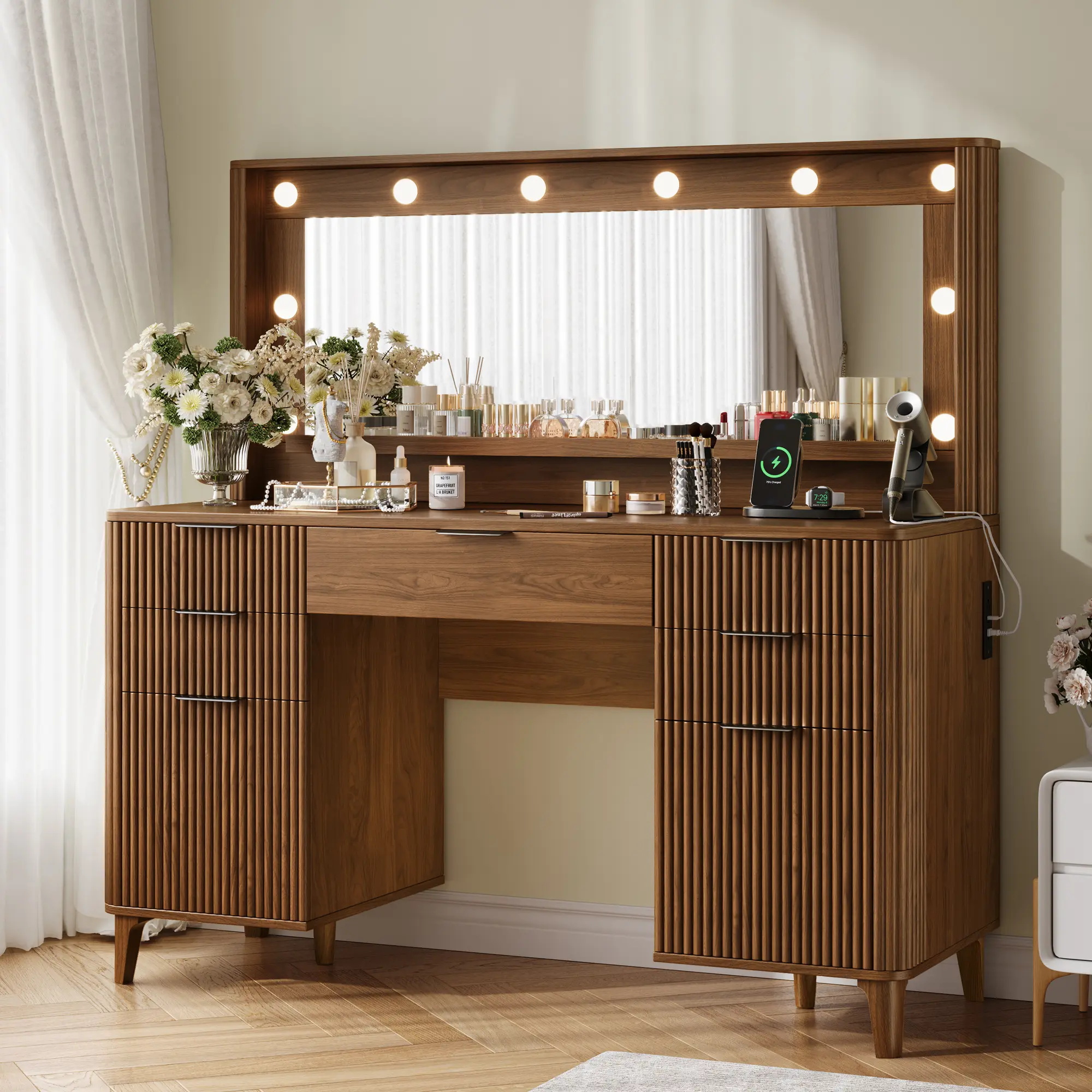 TOKSOM 48.8 "Fluted Vanity Desk with Mirror and Adjustable LED Lights, Walnut/Natural Color Makeup Table with Four Large Drawers and Two Cabinets and Charging Stations for Women and Girls, Bedroom or Dorm/Best Gift Ideas/Valentine's Day Gifts