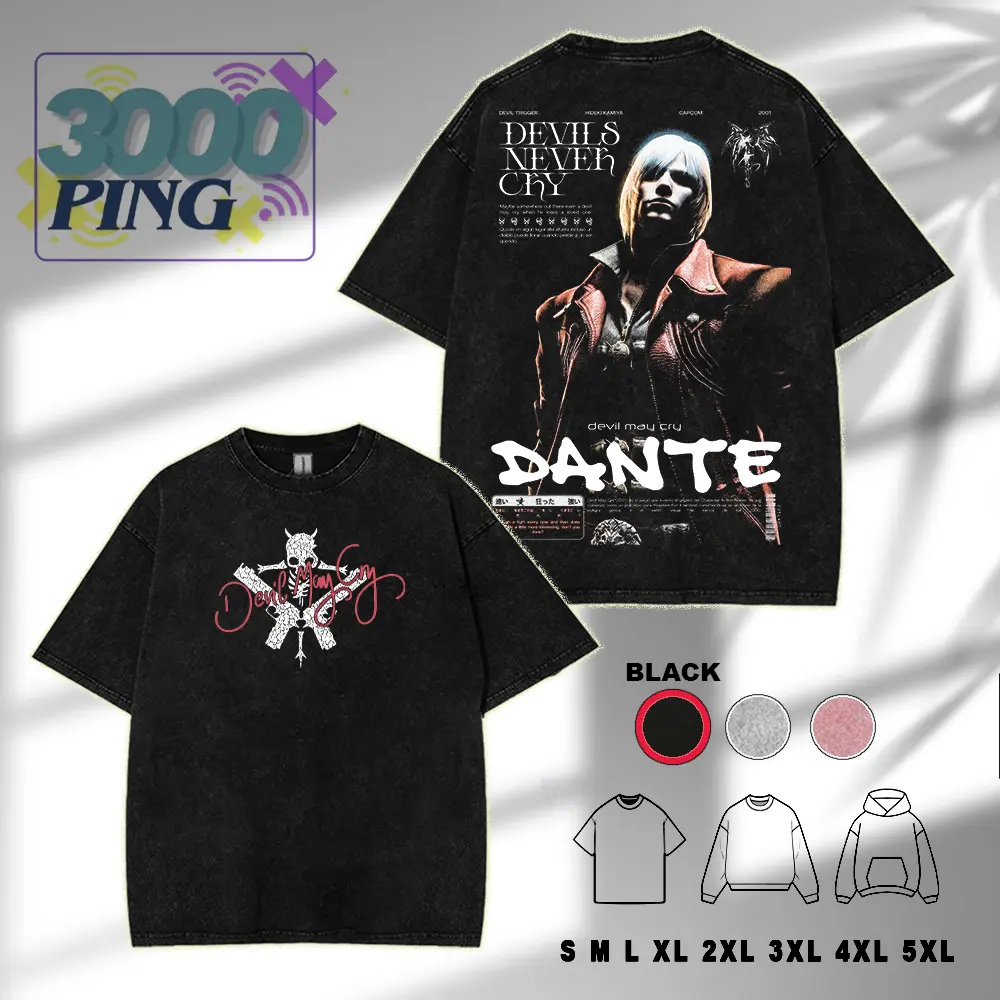 Devil May Cry Dante  Anime Manga game Vintage Cotton 2 sided Washed Tshirt Sweatshirt Hoodietees Top Casual graphic t-shirts