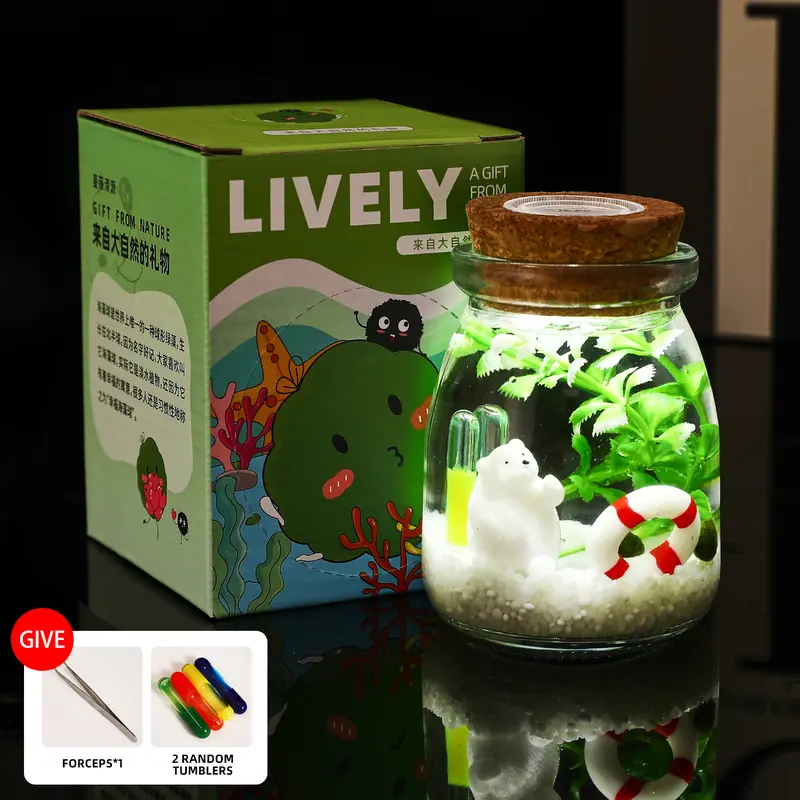 Healing Marimo Water Garden - 3.5×2.6 Inch Micro-Landscape, Low-Maintenance Glass Mini Peninsula Ecosystem with a Cute Moss Ball, Premium DIY Mini Aquatic Garden Decor Kit (Includes LIVELY Moss Ball Pet)