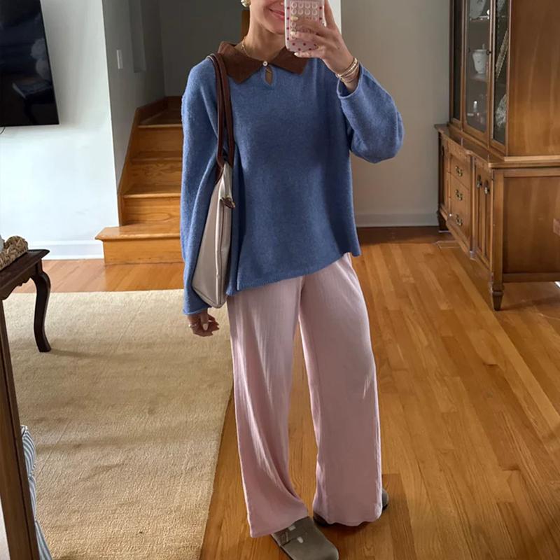 Women Y2k Color Block Polo Sweaters Long Sleeve Lapel Loose Knitted Tops Preppy Teens Oversized Jumper Tops Party Streetwear