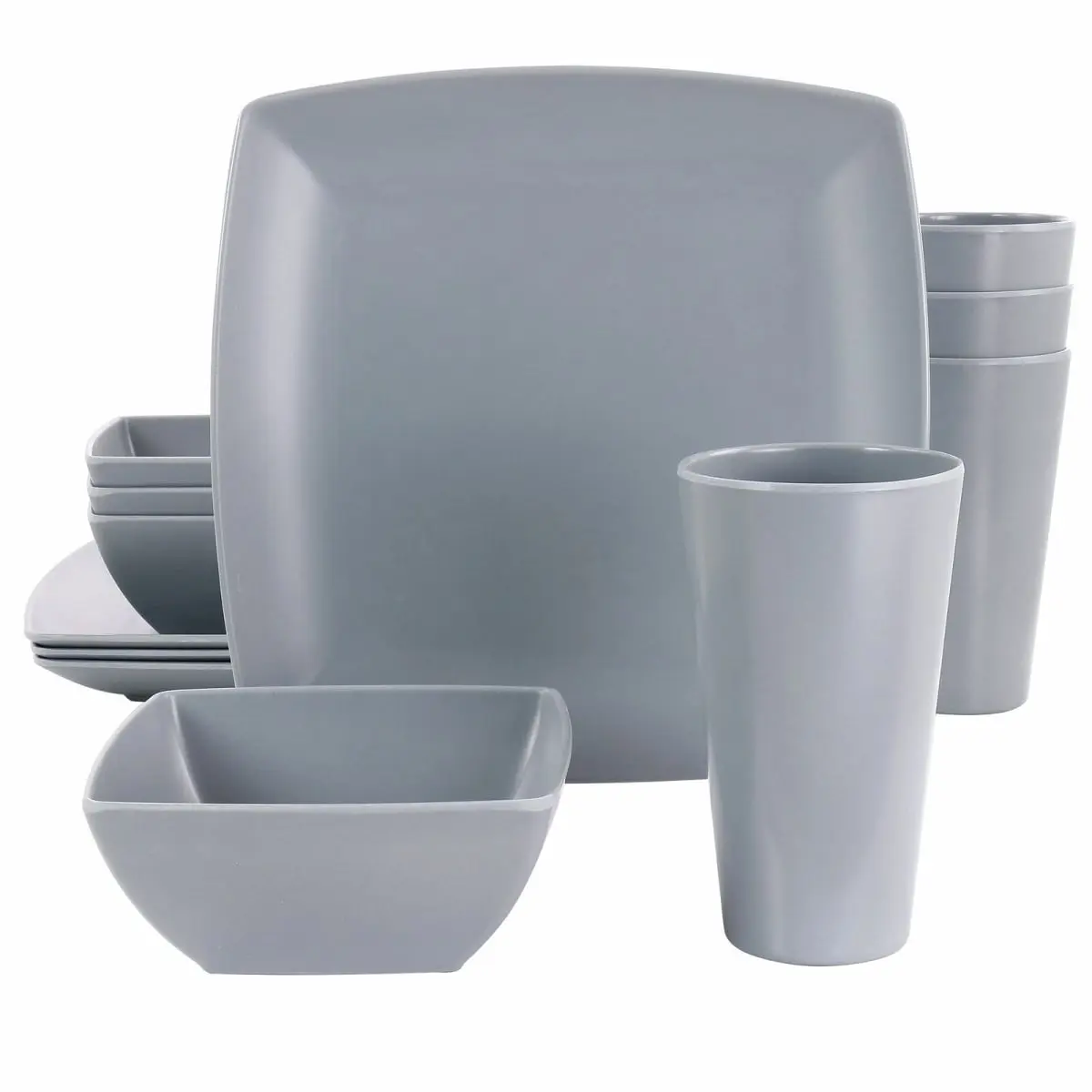 Gibson Home Grayson Melamine Square Tableware Set - 12-Piece Gray Dinnerware with Plates