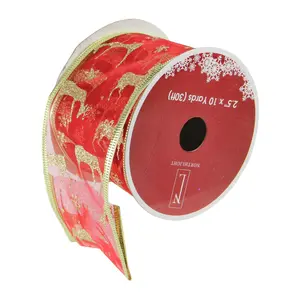 Northlight Pack of 12 Red and Gold Reindeer Rib bon 2.5" x 120