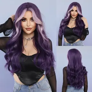 Eerya Purple Wig Natural Wavy Wig Long Synthetic Wigs Natural Middle Part Long Wavy Wig Highlights Purple Wigs For Women