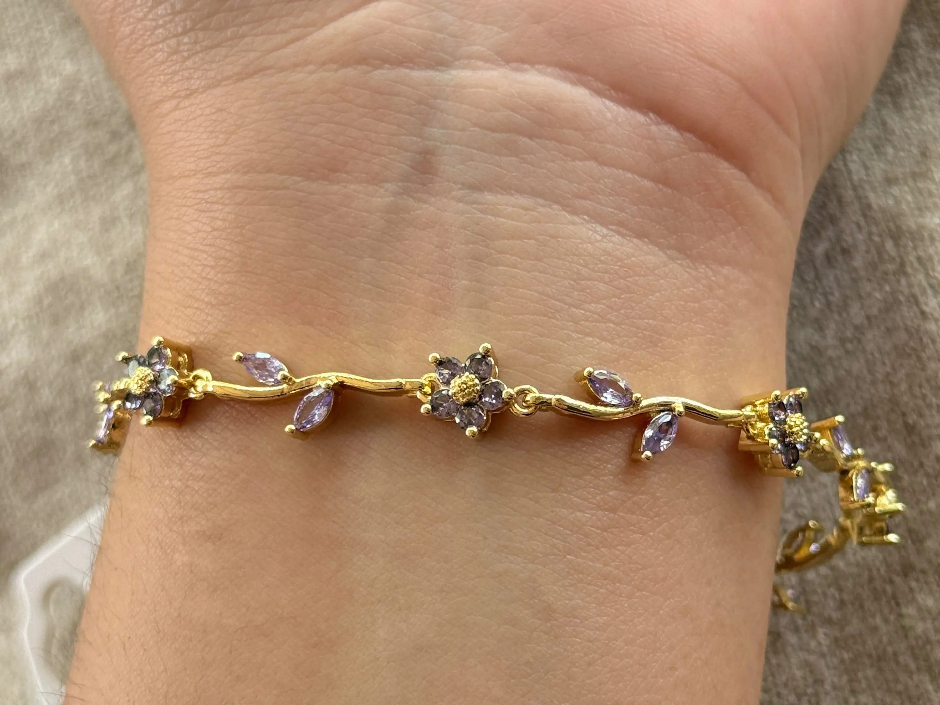 Gold Plated Lavender Vine Flowers Bracelet, Polished Costume Jewelry with Foldover Clasp, Plant-Inspired Fashion Accessory for All Seasons, Plants, Everyday, Gold Lavender Bracelets & Bangles, Stainless Steel, Choking Hazard Small Parts, Clean With Soft C