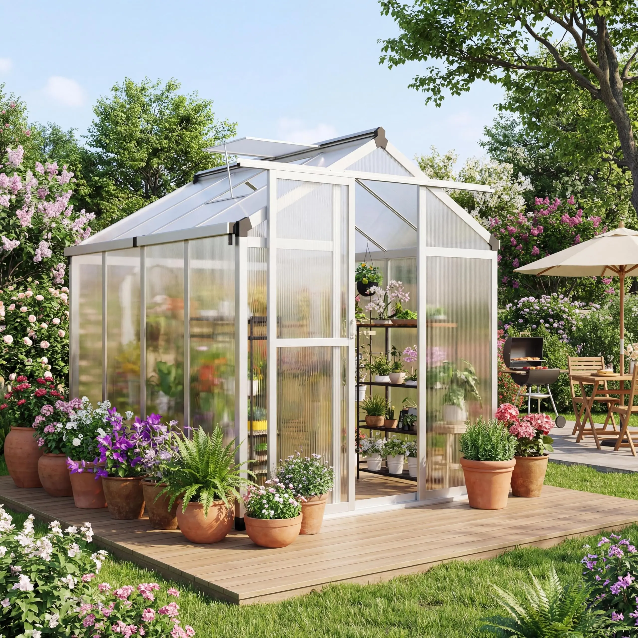 Garvee Heavy-Duty Aluminum Outdoor Greenhouse (6x8 FT & 6x10 FT), Polycarbonate Walk-In Structure with Roof Vent, Lockable Sliding Door, Matte Silver/Deep Green, Heavy Duty Weatherproof Shelters & Gazebos for Garden, Backyard, Outdoor Aluminum Greenhouse,