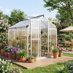 Garvee 6x8 and 6x10 FT Polycarbonate Walk-in Greenhouses with Roof Vent and Lockable Sliding Door, Heavy-Duty Aluminum Frame, Available in Matte Silver and Deep Green, Perfect for Garden, Backyard, Patio, and Lawn