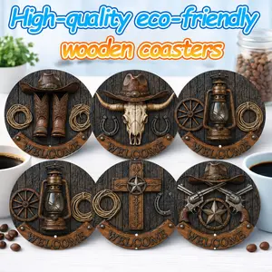 ✨ 6PCS Cowboy Core Wood Coasters - Vintage Western Hat & Boots Design with 'Welcome' Non-Slip Heat Resistant Drink Mats for Kitchen Table - Reclaimed Wood Rustic Home Decor