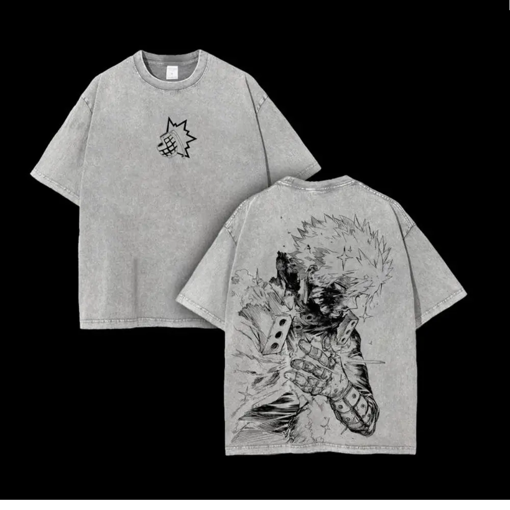 My Hero Academia Katsuki Bakugo Graphic Tshirt - Washed Heavyweight Streetwear Shortsleeve Crew Neck Clothes for Fans, Unisex Cut, Washed Finish, Graphic Tee