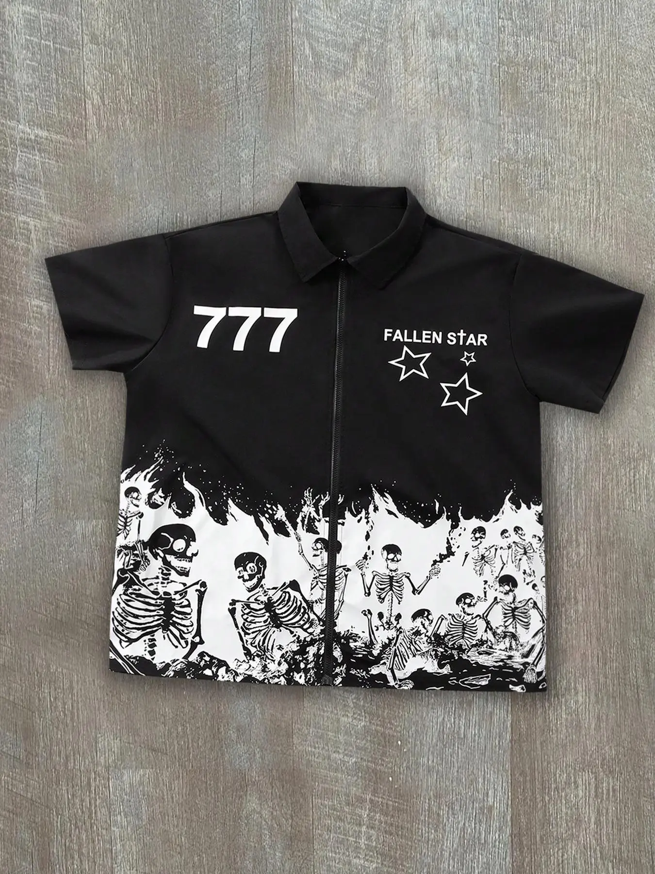 Men's Regular Fit Skull & Star Print Zip Up Shirt, Casual Short Sleeve Collar Shirt for Summer, Fashion Men's Top for Daily Wear, Casual Shortsleeve, Casual Party Shirt, Casual Printed, Graphic, Dark Humor Shirt, Aesthetic Shirt