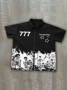 Men's Regular Fit Skull & Star Print Zip Up Shirt, Casual Short Sleeve Collar Shirt for Summer, Fashion Men's Top for Daily Wear, Casual Shortsleeve, Casual Party Shirt, Casual Printed, Graphic