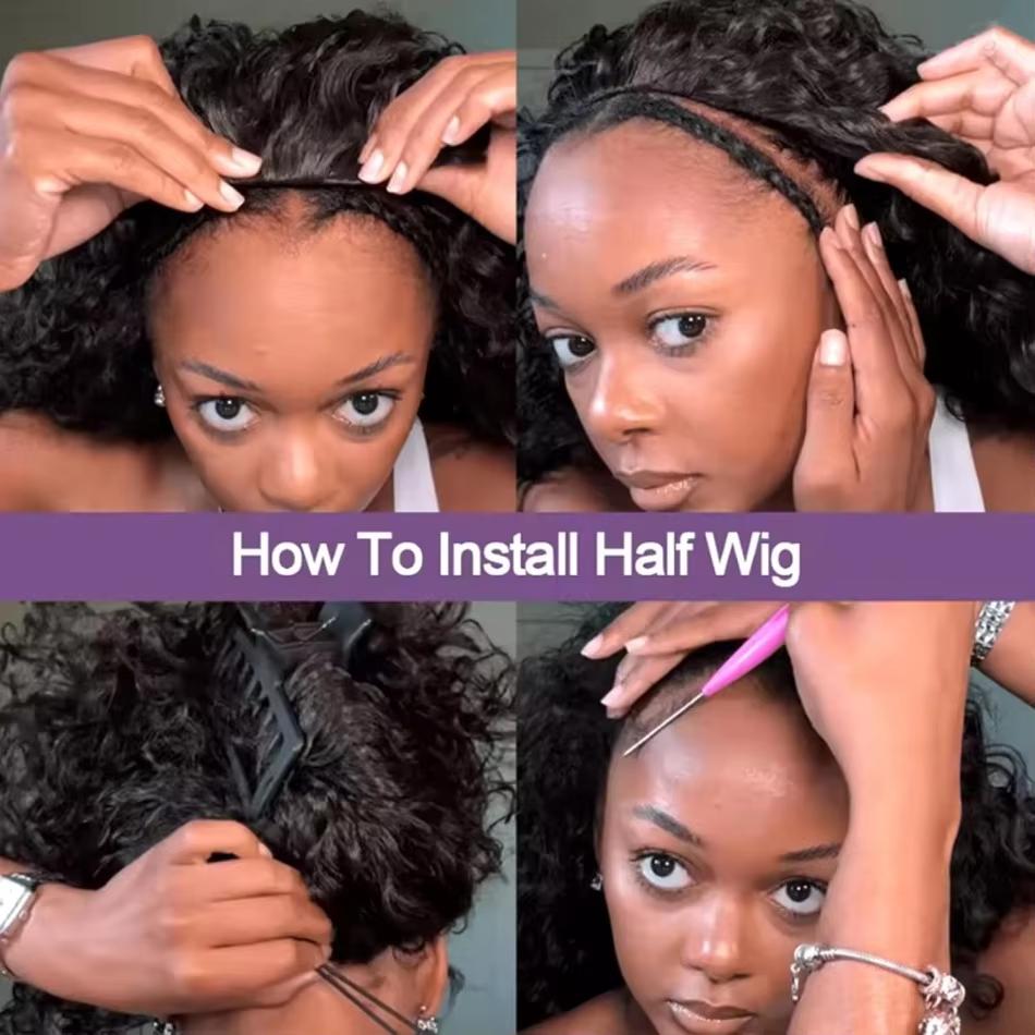 [Half Wig]Bling Hair 12-32 Inch 3 In 1 Half Wigs Human Hair 180 Density Deep Wave Half Wigs Human Hair Seamless Flip Over Deep Curly Human Hair Drawstring Glueless Wig For Women