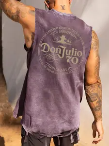 Trendy Vintage Washed Street Casual Style Fitted Vest, Tank Top, Sleeveless Tank, Graphic Print Round Neck Top, Distressed Hem Design, High-Quality Cotton Fabric, Summer Hip-Hop Essential, Streetwear
