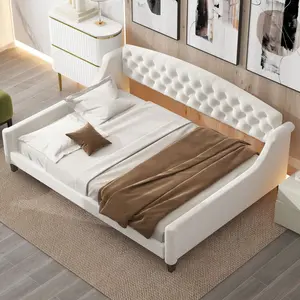 Full Daybed Frame, Full Size Luxury Tufted Button Daybed, Upholstered Full Daybed Frame, Full Sofa Bed for Bedroom Living Room, Beige