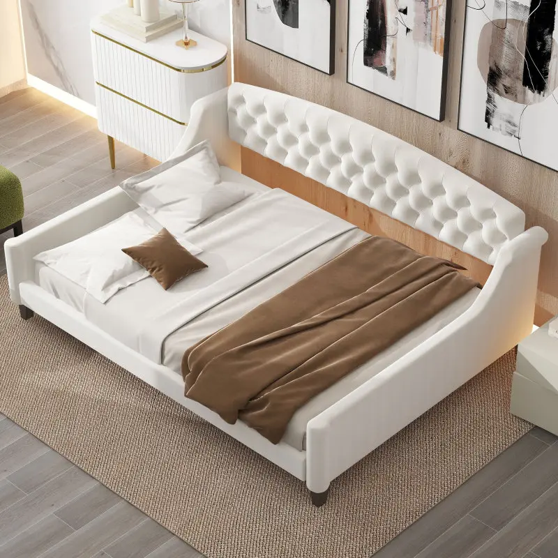 Full Daybed Frame, Full Size Luxury Tufted Button Daybed, Upholstered Full Daybed Frame, Full Sofa Bed for Bedroom Living Room, Beige