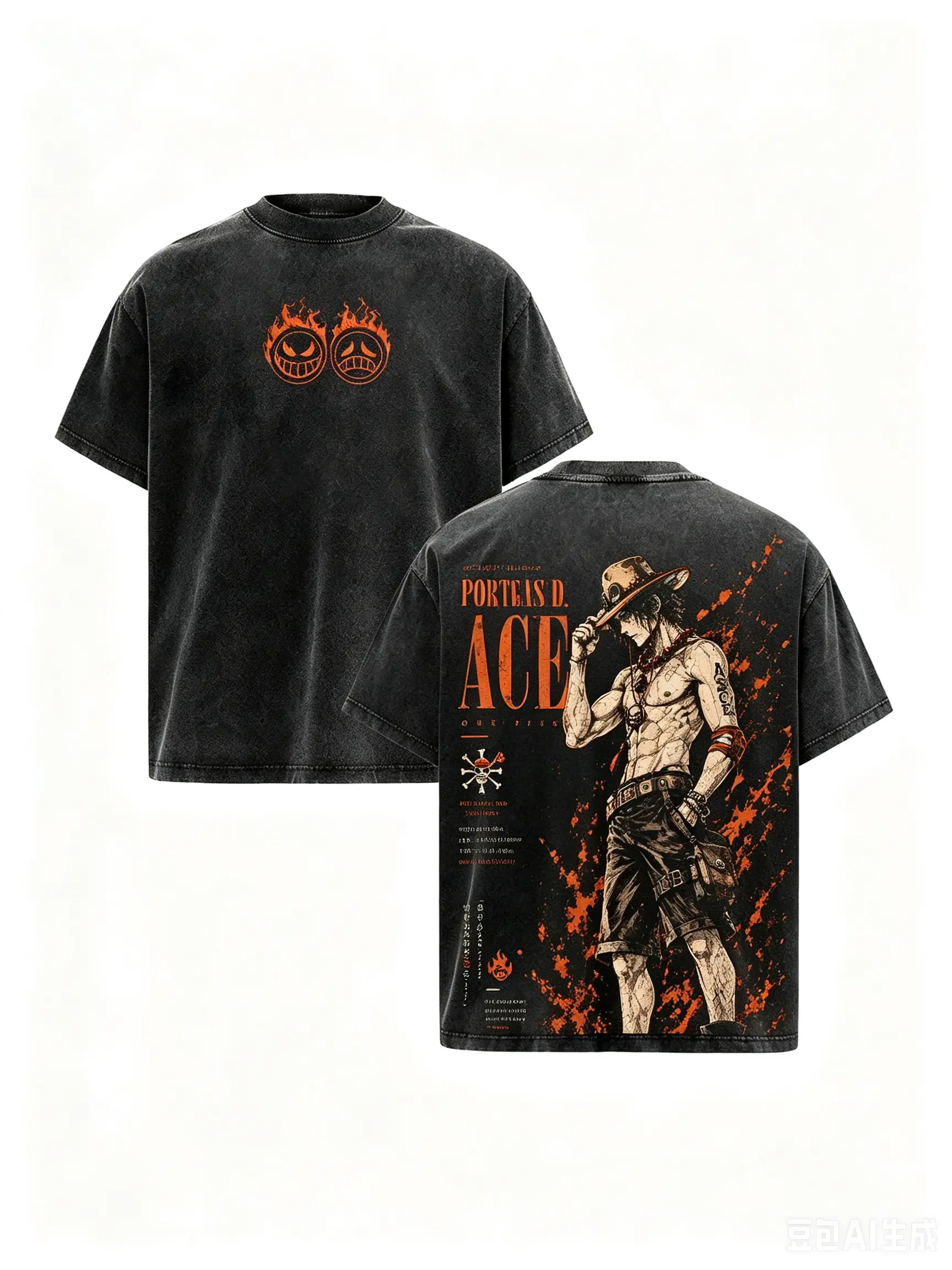 One Piece Portgas D. Ace Oversized Shirt Vintage Washed Heavyweight Cotton Double Printed Graphic Tee Fire Fist Anime Streetwear Gym Pump Cover Short Sleeve Crewneck Tops Unisex Gift For Manga Fans Men Women Merch Clothes Trendy Summer Fashion Apparel Top