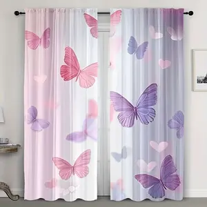 2 Piece Flat Print Curtains with Cute Butterfly and Floral Design, Perfect for Living Room Kitchen Dining Decor, Not Layered Curtains, Window Curtain