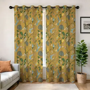 Yellow Floral Blackout Curtains Window Curtain 84 inch Long for Living Room Vintage Mid Century Style Lemon Hummingbird Patterned Room Darkening Privacy Drapes Grommet Bedroom Dining Room-2panels