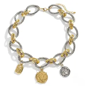 Vintage Alloy Coin Pendant Necklace for Men Women, Unisex Design with Gold or Silver Clips, Versatile Matelasse Chain for Daily Wear and Events, Fashionable Jewelry Accessory,summerwins Gold Plated Brass
