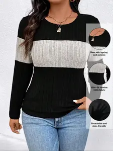 Plus Size Women's Knitted Fabric American Casual Vintage Style Long Sleeve Round Neck Colorblock Top for Daily & Casual Gatherings