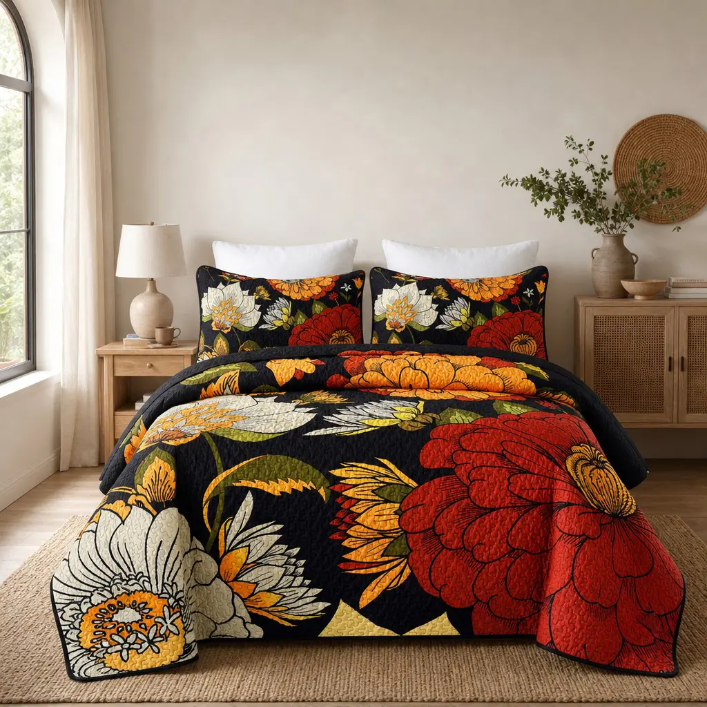 2/3PC Oil Painting Vintage Floral Quilt Set – Black Background Large Floral Print, Ultra-Soft Breathable Bedding, All-Season Machine Washable for Bedroom Dorm Cozy Vibe