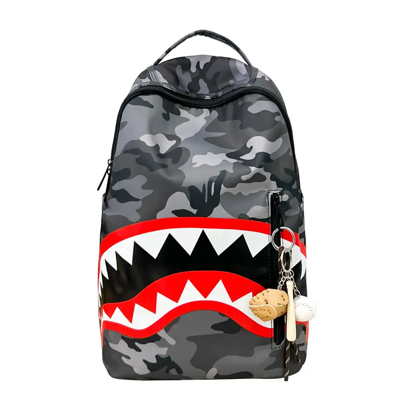 Sprayground Dark Grey Camo Shark Teeth Print Backpack With Baseball Keychain, Hype Streetwear Large Capacity Oxford Fabric Laptop Backpack, Durable Fashion School Travel Backpack For Teen Boys Back To School Daily Casual Use